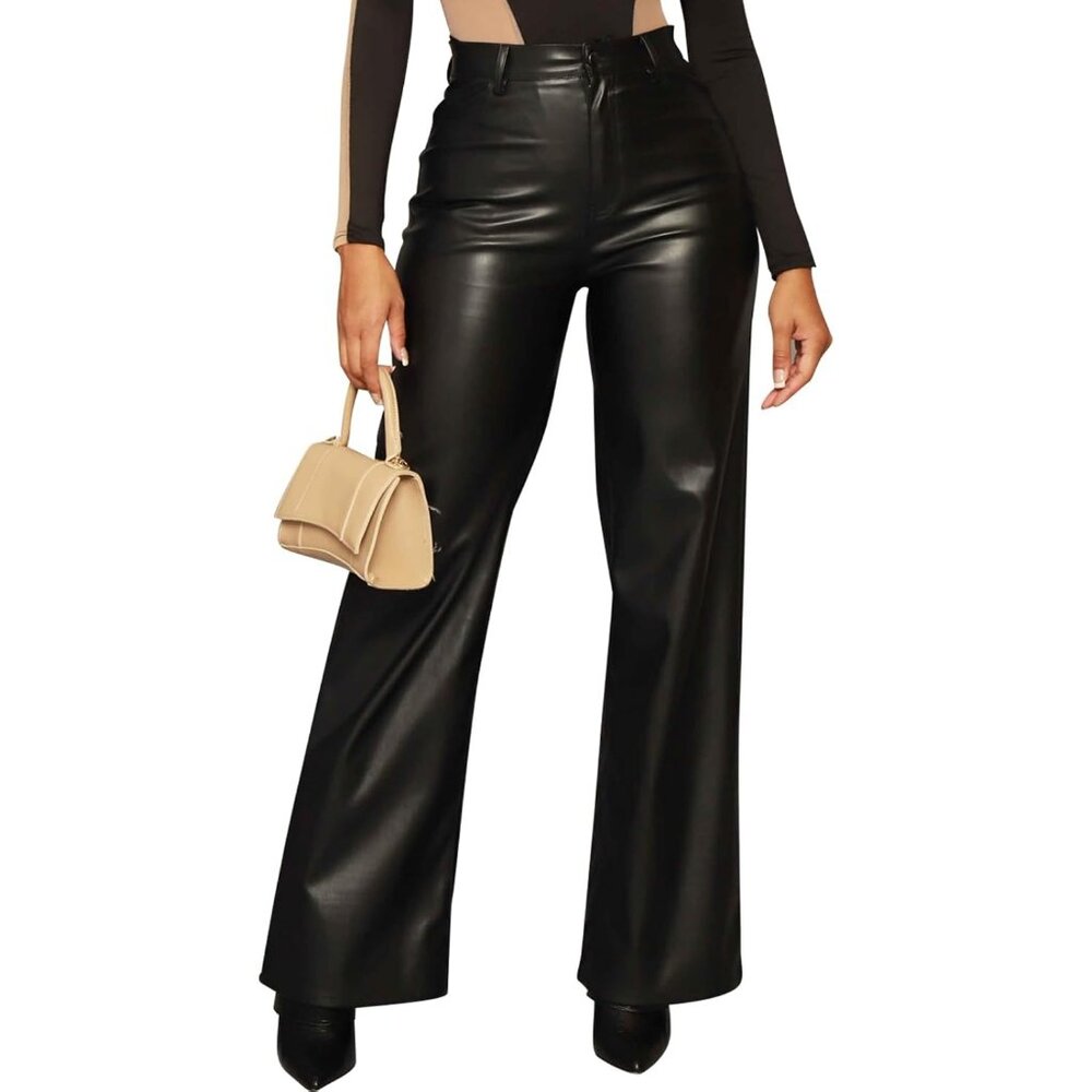 Women's Black High Waist Faux Leather Straight Leg Jeans Cozy Zipper Look Pants